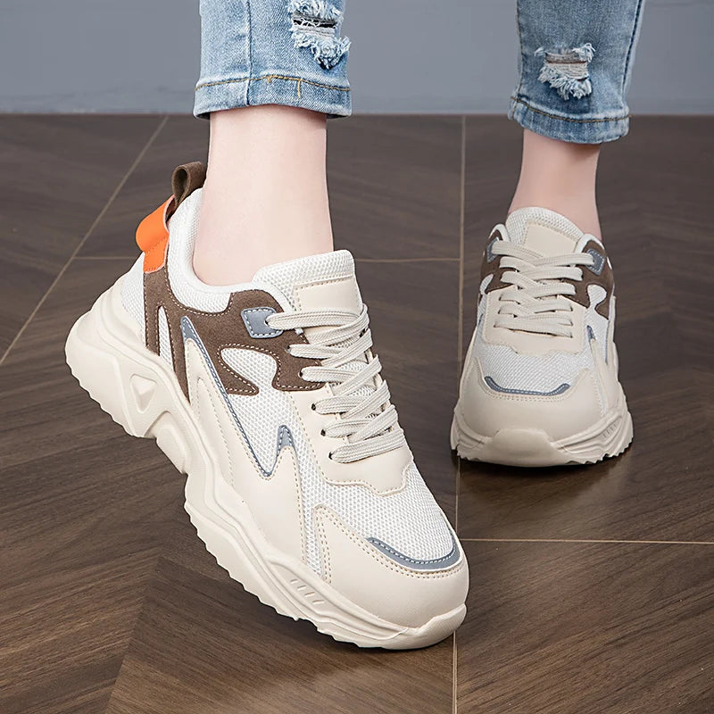 New White High Heels Sneakers Women's Chunky