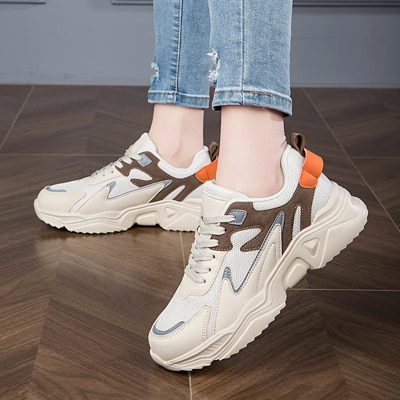 New White High Heels Sneakers Women's Chunky