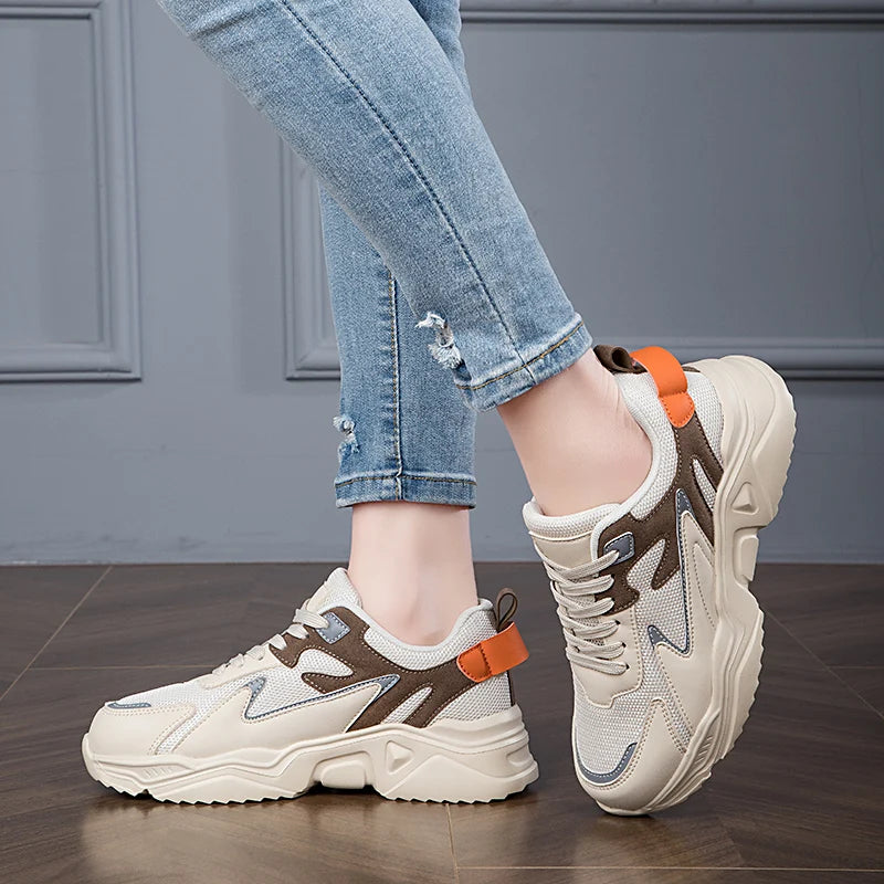New White High Heels Sneakers Women's Chunky
