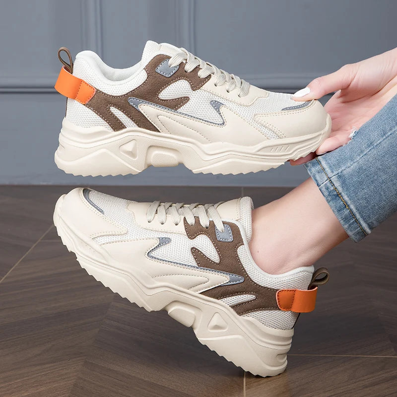 New White High Heels Sneakers Women's Chunky